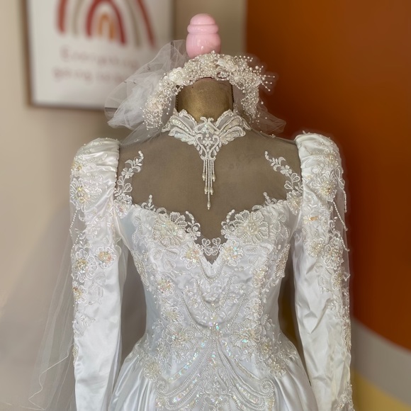 Mary’s Bridal Ornate Beaded Wedding Gown with Full Train and Veil Headpiece - Picture 3 of 8